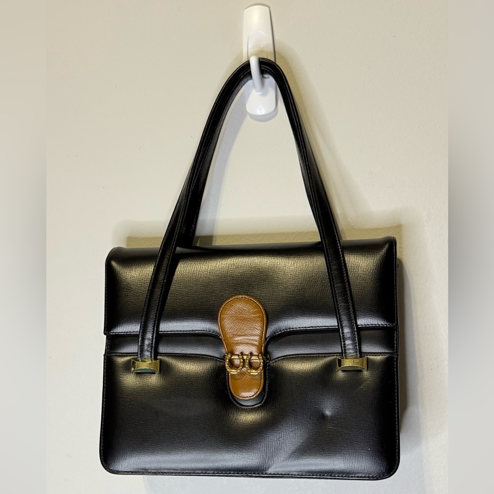 VTG Genuine Leather handbag with gold-tone hardware Black/brown